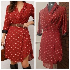 Red Dog Print Wrap Dress Size S Equestrian Preppy Novelty Dress